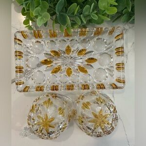 Vintage Walther Germany Cut Glass Cream and Sugar Set Yellow and Clear with Tray